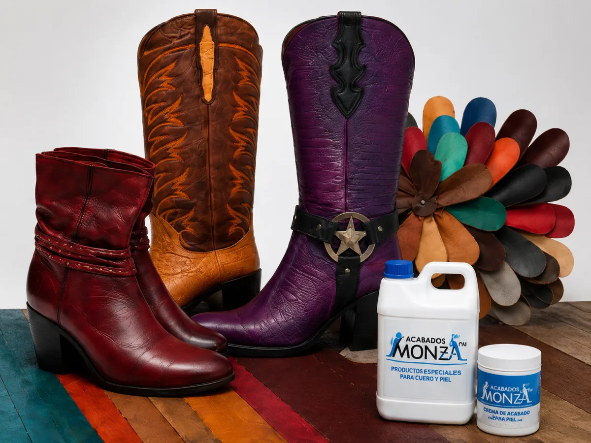 Botas, muestrario de pieles y productos Acabados Monza